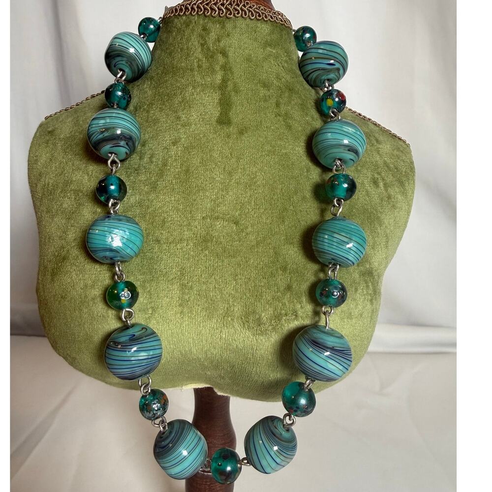 Vintage Turquoise Glass Bead Choker Necklace Lampwork Style Statement Jewelry
